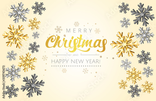 Golden Christmas Snowflake gliiter background. Festive xmas decoration gold shining  bright snowflake  snowflake border. Merry Christmas and Happy New Year Greeting card  holiday banner  web poster