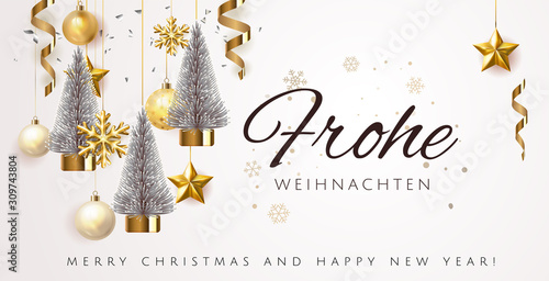 Golden Merry Christmas balls light white background. Festive xmas decoration gold glass christmas balls and glossy snowflake, stars, fir tree, stars. Vector illustration banner design template