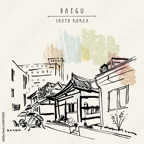 Daegu, South Korea. Korean traditional kouses and modern buldings on the background. Brush ink hand drawing. Travel sketch. Vintage touristic postcard, poster, book illustration in EPS 10 vector