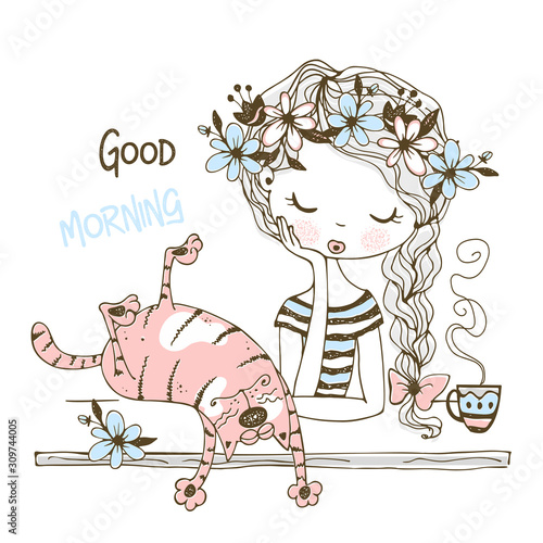 Cute girl drinking tea with a pet cat. Good morning. Vector