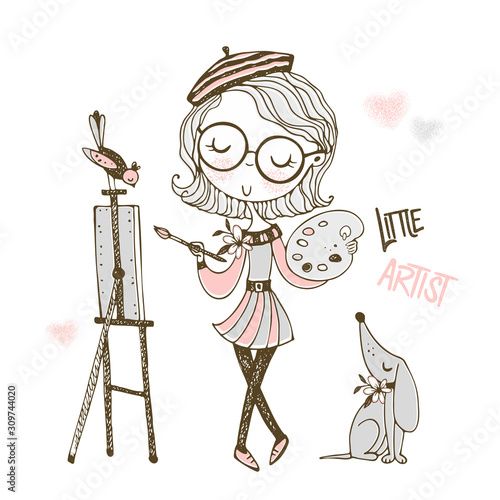 Cute little artist paints a picture. Vector. Doodle style.