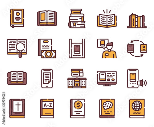 Books reading color linear vector icons set