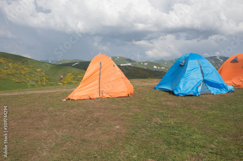 Camping near Guria with rocky Caucasus Mountains. Tourism in the Caucasian Mountains