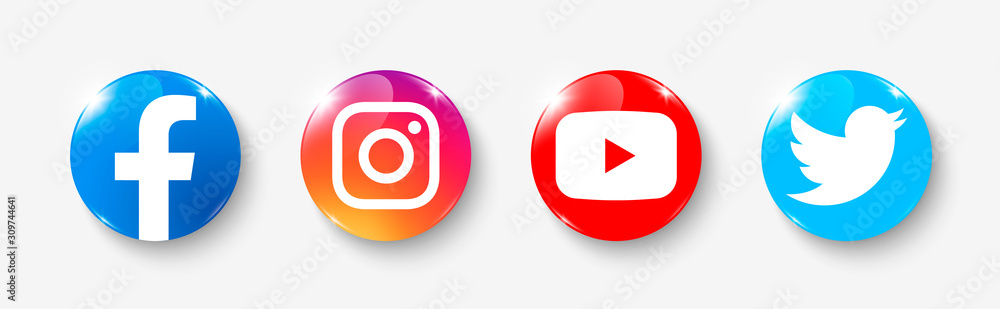 social media glossy icon: facebook, instagram, youtube, twitter Stock