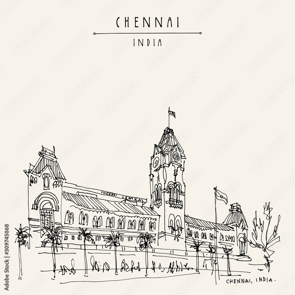 Chennai (Madras), Tamil Nadu, India. Central railway station. Hand drawn postcard