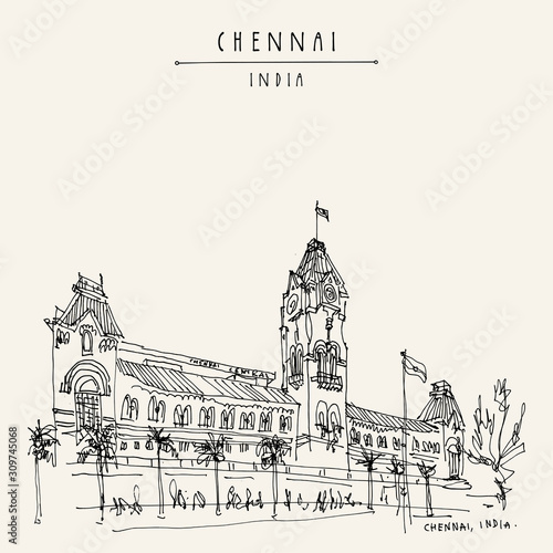 Chennai (Madras), Tamil Nadu, India. Central railway station. Hand drawn postcard