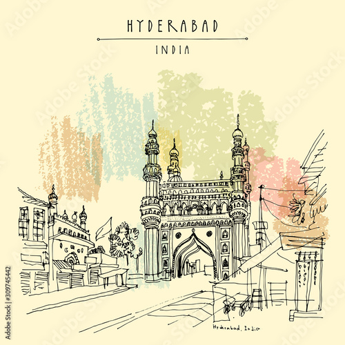 Hyderabad, Telangana state, India. Charminar. Travel sketch. Vintage hand drawn Ramadan Kareem or Idul Fitri celebration postcard photo