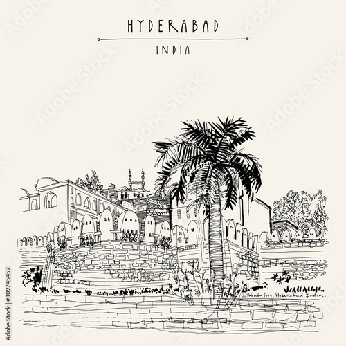 Hyderabad, Telangana state, India. Golkonda fort. Travel vintage hand drawn postcard