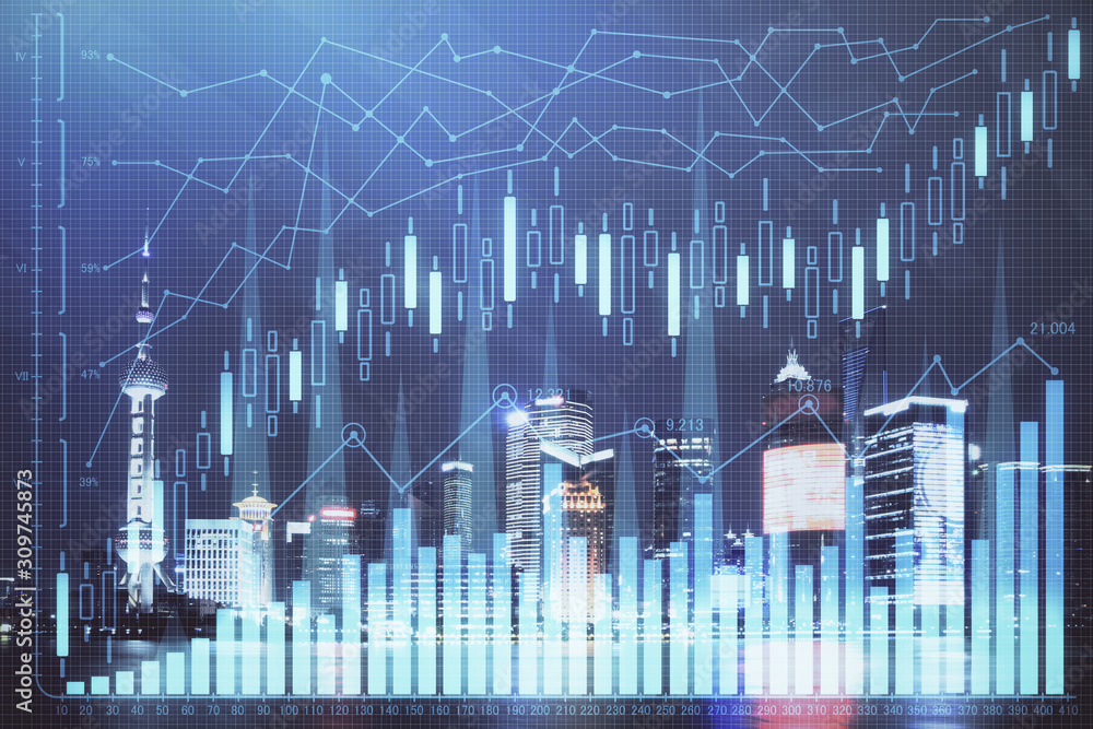 Fototapeta premium Financial graph on night city scape with tall buildings background double exposure. Analysis concept.