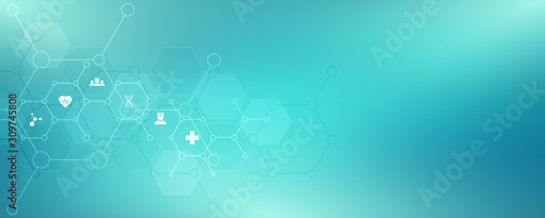 Abstract medical background with flat icons and symbols. Template design with concept and idea for healthcare technology, innovation medicine, health, science and research.