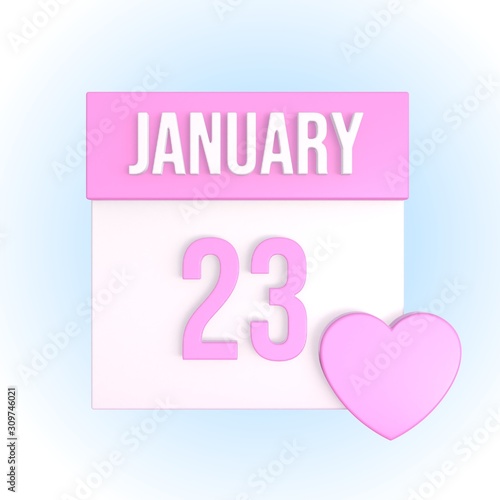 January 23 romantic calendar with pink heart. Love anniversary concept. Relationship date. 3d illustration
