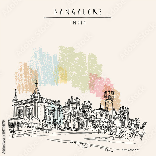 Bangalore, Karnataka, India. Beautiful Bangalore palace. Vintage hand drawn postcard