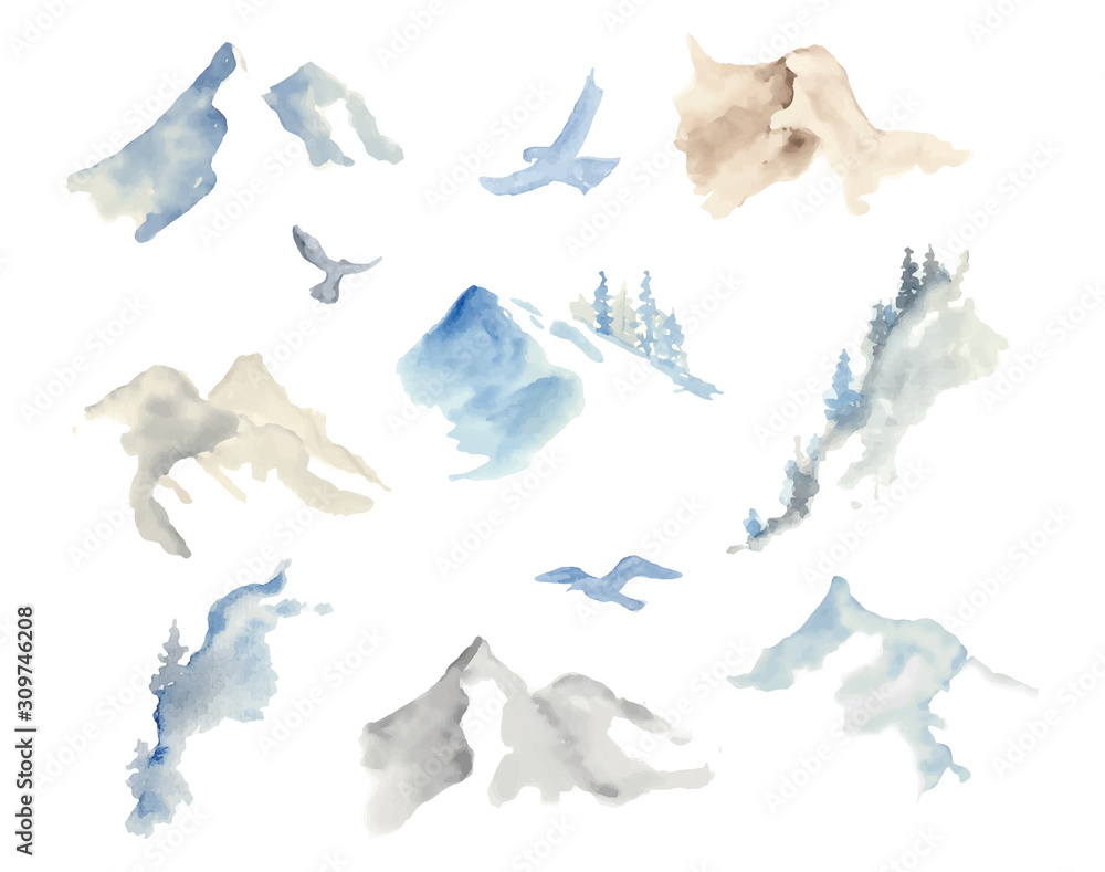 Fototapeta premium Watercolor mountains illustration isolated on white background