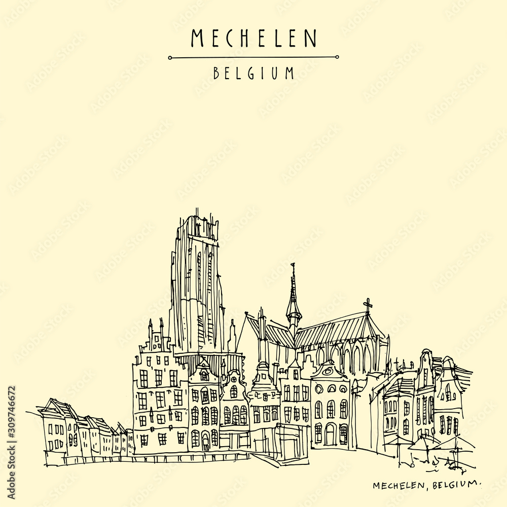 Mechelen, Belgium, Europe.  St. Rumbold's Cathedral on Grote Markt. Hand drawn travel postcard. Travel sketch. Hand drawing of Mechelen. Vintage hand drawn Belgium postcard. Vector illustration