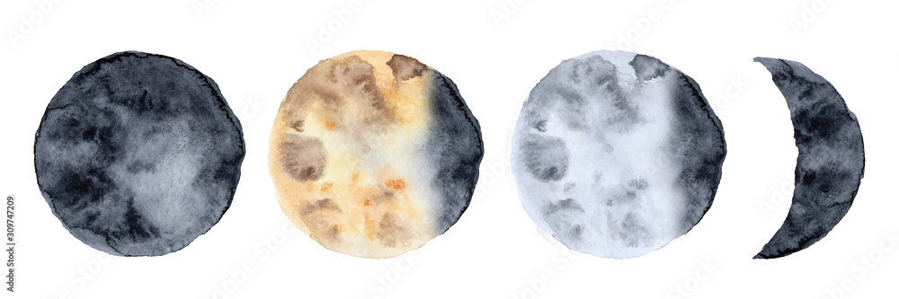 Watercolor lunar eclipse isolated on white background modern space design Watercolor lunar eclipse isolated on white background modern space design