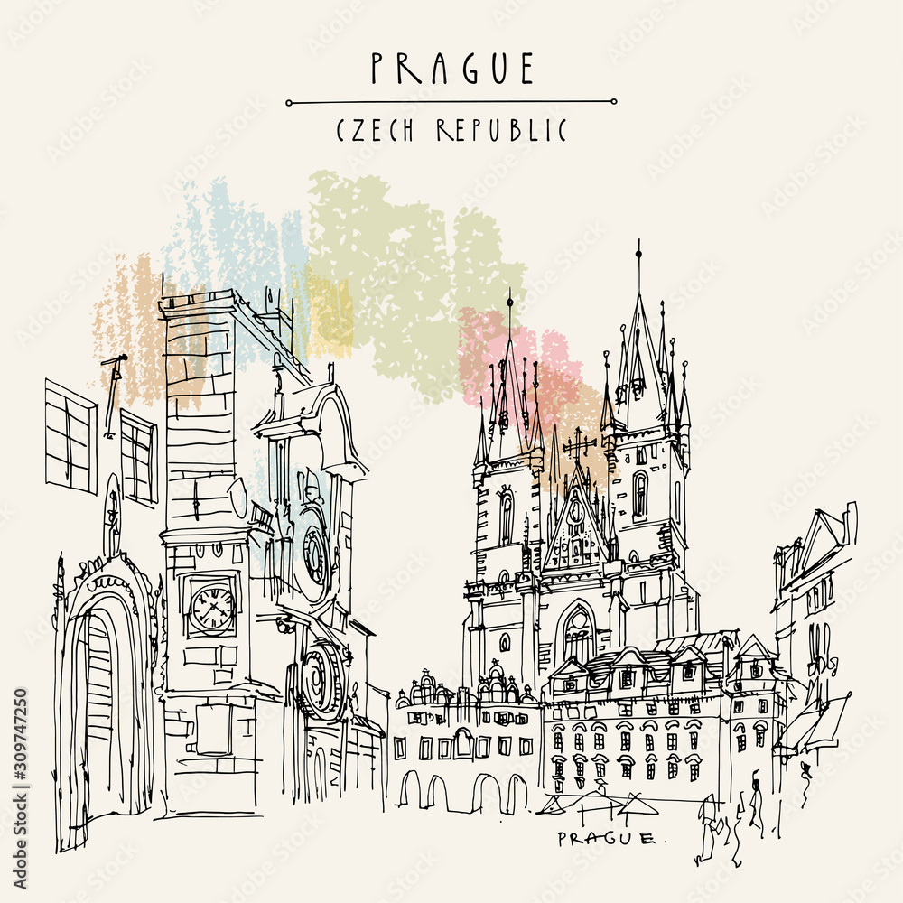 Obraz premium Prague, Czech Republic, Europe. Orloj (The Prague Astronomical Clock) and the Tyn Church. Travel sketch. Hand drawn vintage touristic postcard, poster, book or calendar illustration in vector