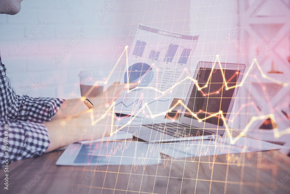 Multi exposure of financial graph with man works in office on background. Concept of analysis. Multi exposure of financial graph with man works in office on background. Concept of analysis.