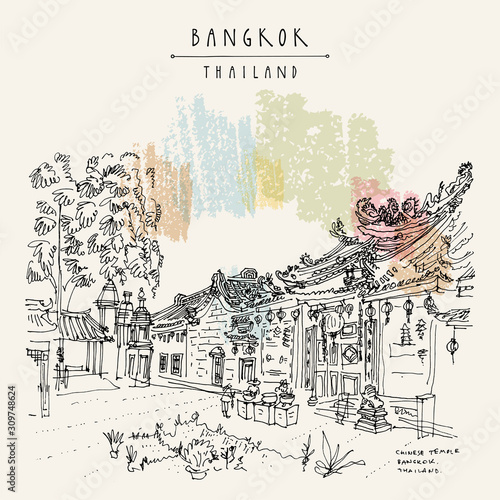 Chinese temple in Bangkok, Thailand, Asia. Wat Mangkon Kamalawat (Wat Leng Noei Yi). Travel sketch. Artistic vintage hand drawn touristic postcard. Vector illustration