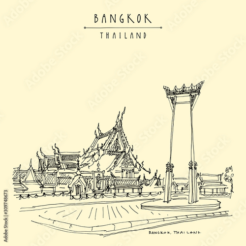 Bangkok, Thailand, Asia. Giant Swing (Sao Ching Cha) and Wat Suthat historical landmarks. Travel sketch. Artistic vintage hand drawn touristic postcard. Vector illustration