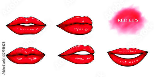 Hand-drawn red glossy female lips