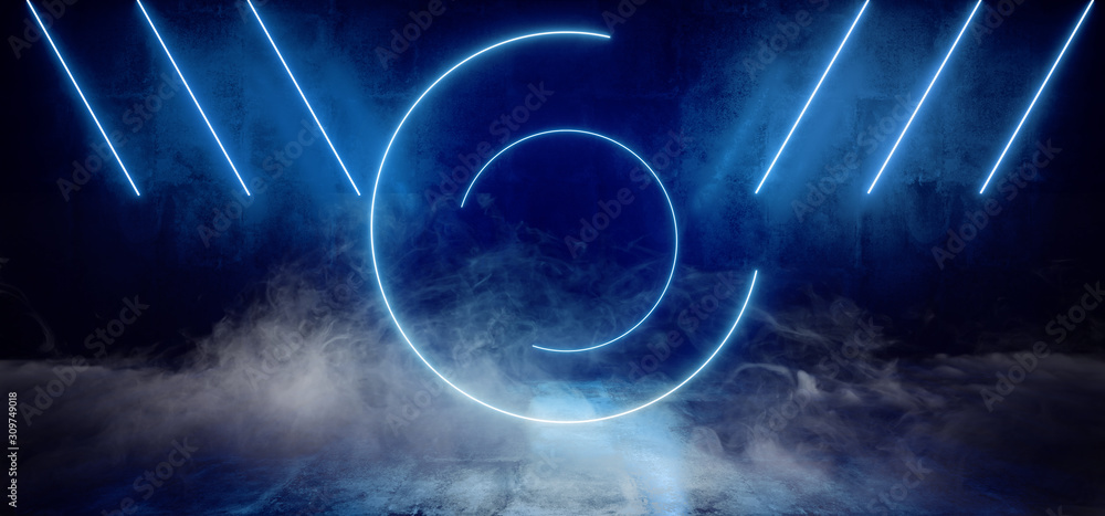 Smoke Neon Glowing Fog Laser Beams Circle Lines Blue Vibrant Stage Empty Space Tunnel Corridor Hallway Path Concrete 3D Rendering Smoke Neon Glowing Fog Laser Beams Circle Lines Blue Vibrant Stage Empty Space Tunnel Corridor Hallway Path Concrete 3D Rendering