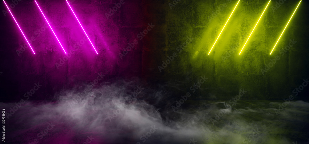 Smoke Neon Glowing Fog Laser Beams Lines Green Blue Vibrant Stage Empty Space Tunnel Corridor Hallway Path Concrete 3D Rendering