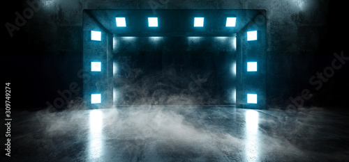 Smoke Steam Mist Fog Studio Neon Led Laser Blue Lights Glowing On Concrete Construction Cyber Hallway Tunnel Garage Corridor Club Showcase Sci Fi Future 3D Rendering
