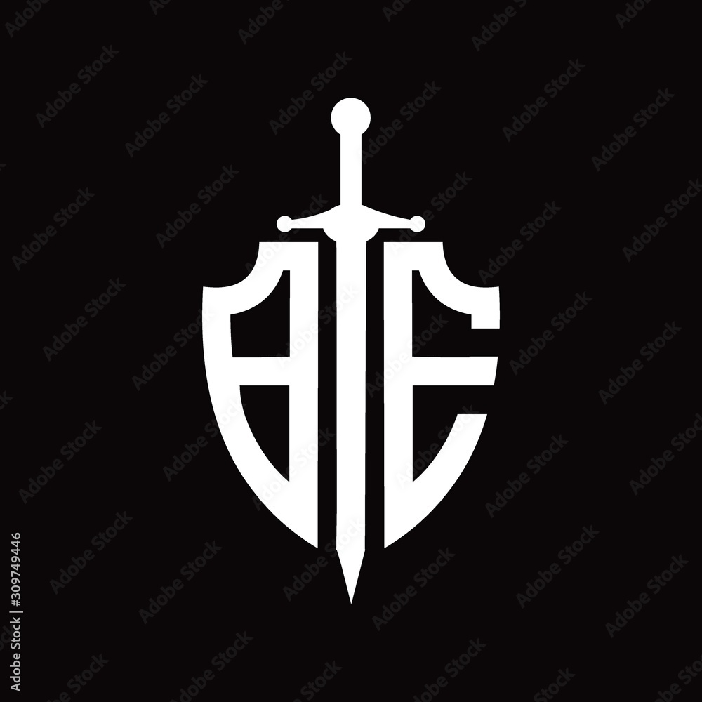 BE logo with shield shape and sword BE logo with shield shape and sword