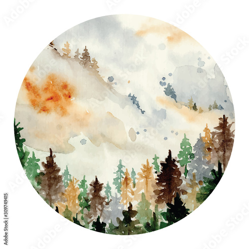 watercolor landscape with pine and fir trees and mountains abstract nature background