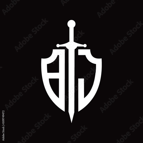 BJ logo with shield shape and sword