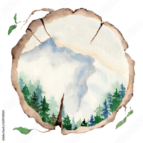 watercolor landscape with pine and fir trees and mountains abstract nature background