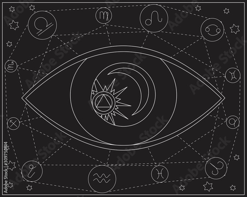 A testing aura and occultism with mysticism and evil eye, a outline vector stock illustration with moon, sun and zodiac signs on a black background