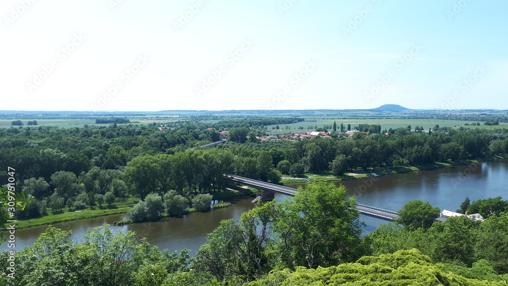 Panoramic view of the river and the bridge. Landscape view in the Czech Republic.