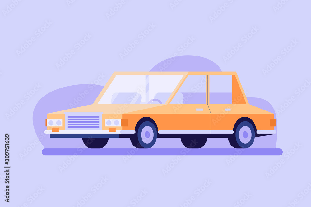 Isolated vector isometric yellow car in flat design. Taxi sedan. Concept of taxi service, vintage and old automobile for template, banners, app. Vector illustration in flat design