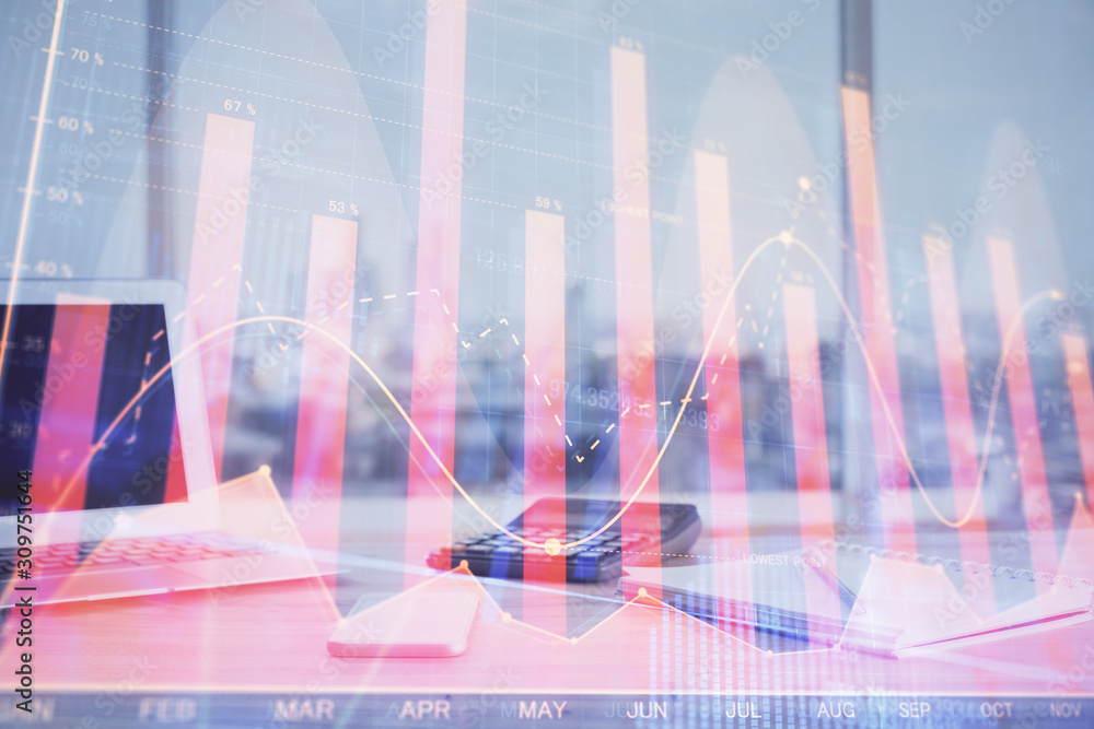 Forex graph hologram on table with computer background. Multi exposure. Concept of financial markets. Forex graph hologram on table with computer background. Multi exposure. Concept of financial markets.