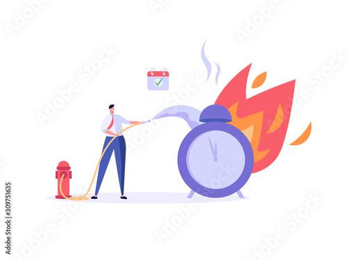 Successful businessman put out fire, a burning clock. Concept of time managment, deadline, self control, self discipline. Vector illustration in flat cartoon design