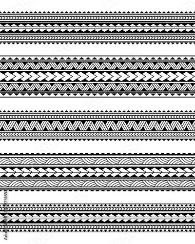 Set of maori polynesian tattoo bracelets border. Tribal sleeve seamless pattern vector. Samoan bracelet tattoo design fore arm or foot. 