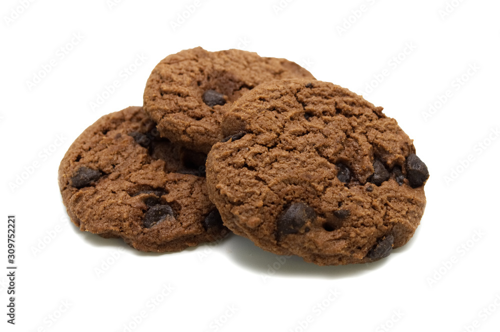 Biscuit with chocolate chip flavored. A stack of crunchy delicious sweet meal and useful cookie. Isolated on white background. Biscuit with chocolate chip flavored. A stack of crunchy delicious sweet meal and useful cookie. Isolated on white background.
