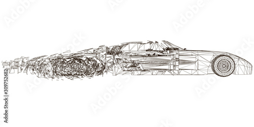 Wireframe of a sports car Isolated on a white background. The car collapses into many fragments. Side view. Vector illustration