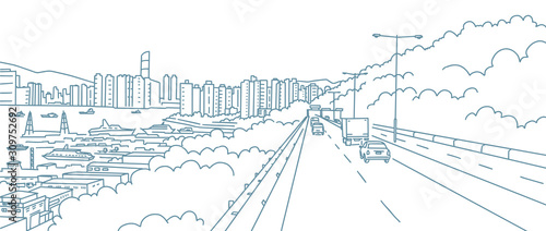 The road to the city. Highway landscape. Along the coast of the river. High-rises on the horizon. Hand drawn sketch vector line contour.