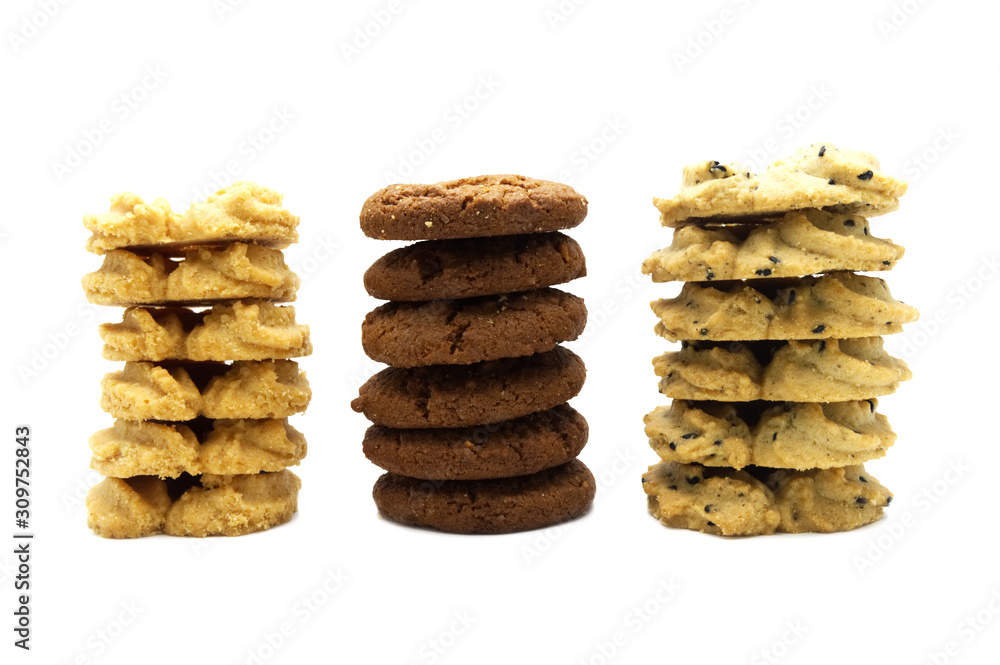 Collection of cookies and biscuit with different flavor, chocolate chip butter, vanilla and black sesame. Isolated on white background. Collection of cookies and biscuit with different flavor, chocolate chip butter, vanilla and black sesame. Isolated on white background.