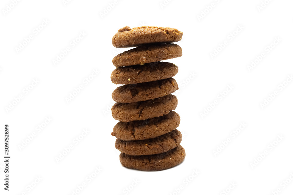 Cookies and biscuits stack of chocolate chip butter flavor. Isolated on white background. Cookies and biscuits stack of chocolate chip butter flavor. Isolated on white background.