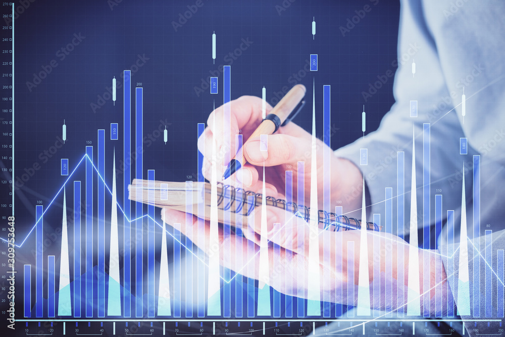 Double exposure hands with stock market chart. Double exposure hands with stock market chart.