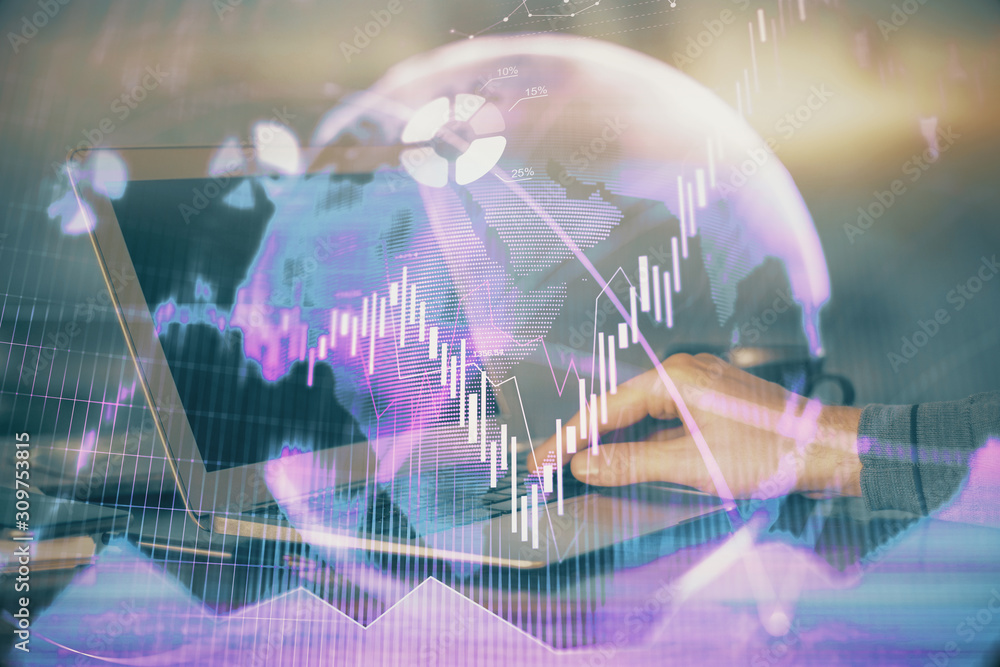 Double exposure of businessman with laptop and stock market forex chart. Double exposure of businessman with laptop and stock market forex chart.