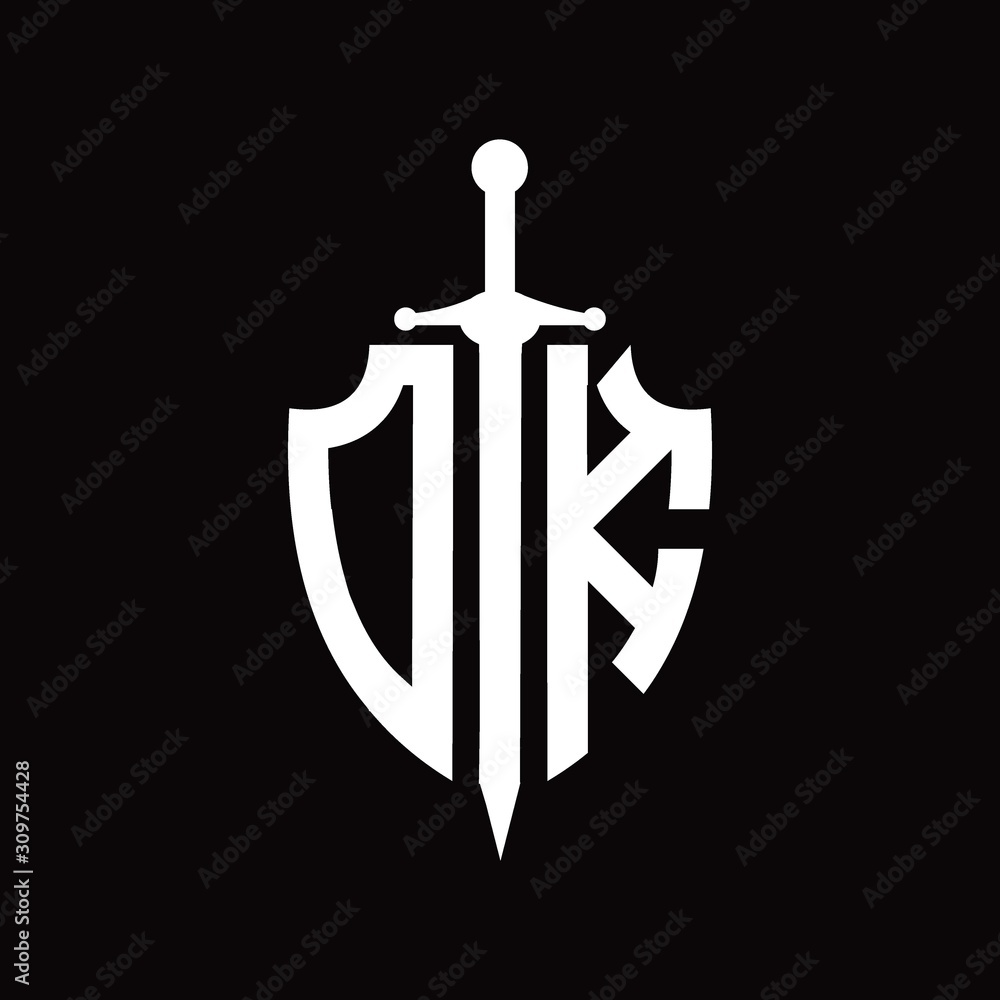 DK logo with shield shape and sword DK logo with shield shape and sword