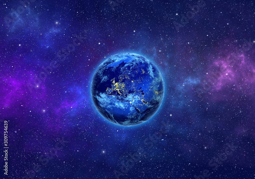 Planet Earth in space with nebula and stars. Elements of this image furnished by NASA. 3D rendering. © Nada Sertic