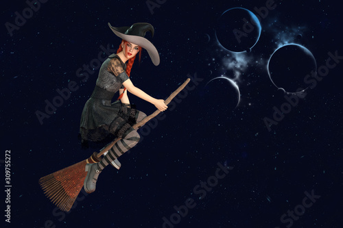 Witch flying on broom in night sky with planets. 3D rendering.