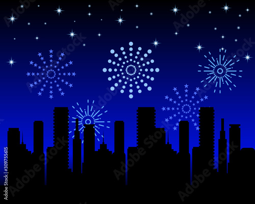 Night city fireworks. Festive christmas pyrotechnics firecrackers with urban skyline. Xmas party festival salutes vector background. Firework and festival light, sparkler in sky night illustration