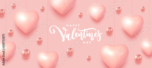 Happy Valentines Day Sale banner. 14 February background with 3d heart and balls composition . Eps10 vector.
