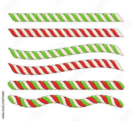 Candy cane line border divider for christmas design isolated on White background. xmas vector illustration set.
